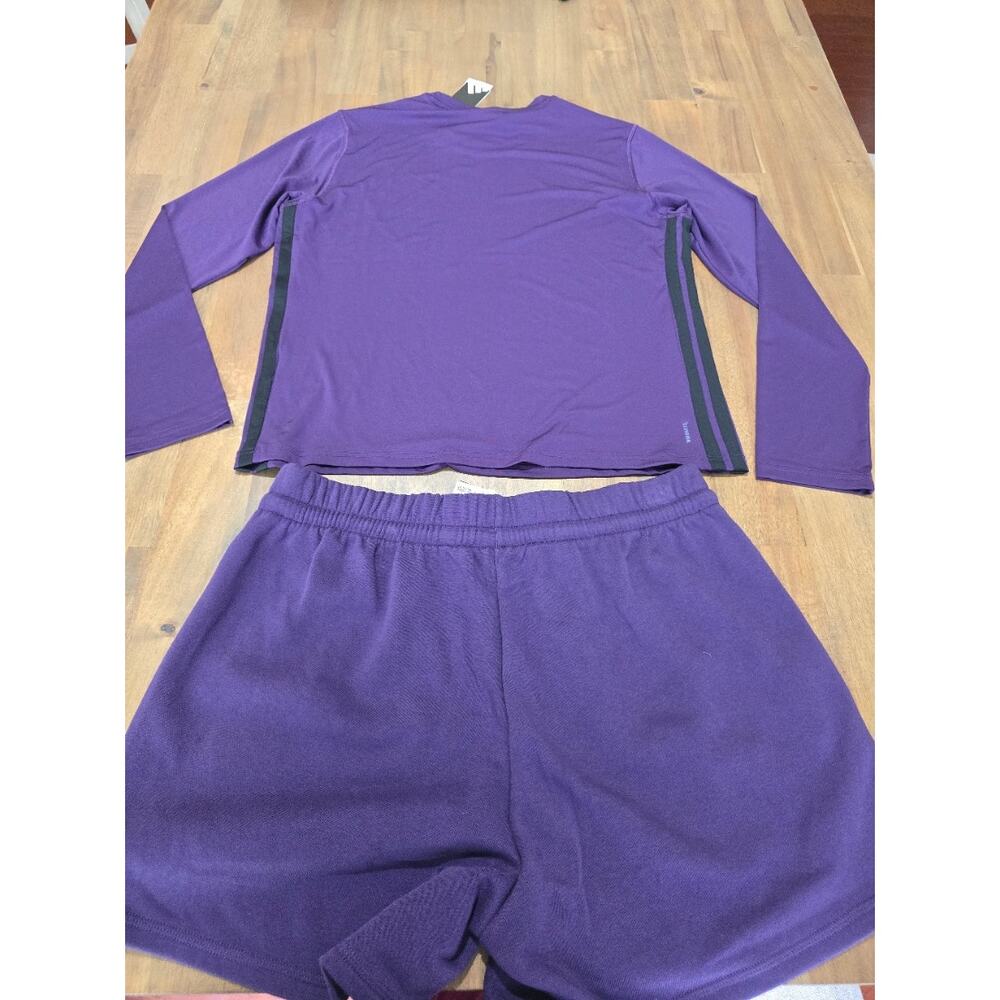 Adidas Womans Essentials 3-Stripes Long Sleeve Training Shirt/Feel Cozy Shorts - Picture 7 of 11